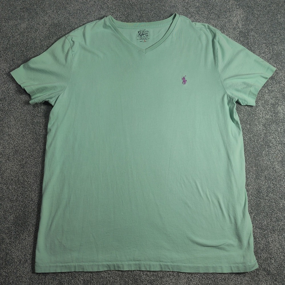 Polo Ralph Lauren Men's V-Neck Tee Green Purple Logo‎ Cotton Casual Size Large L